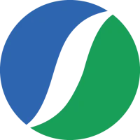 A blue and green circular shape divided diagonally, resembling a stylized yin-yang or two overlapping petals.