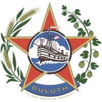 A ship in a circle over a red star, flanked by barley and hops, with "Duluth" on a ribbon below.