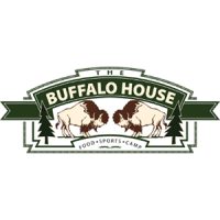 Logo for The Buffalo House featuring two buffalo, green trees, and the words "Food • Sports • Camp" underneath.