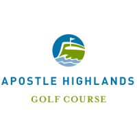 Apostle Highlands Golf Course logo with a green hill, flag, and water inside a blue circle, text below.