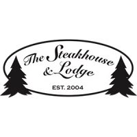Black and white logo of The Steakhouse & Lodge with two pine trees and "Est. 2004" in an oval frame.