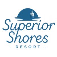Logo for Superior Shores Resort with stylized text and a blue sun, water, and trees graphic above the name.